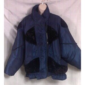 Vintage G4000 Navy Blue Puffer Coat Jacket Quilt Lined Embroidered Ladies Large